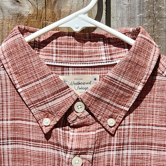 PLAID Linen Blend Mens Button Up Shirt 42 RUST BRICK RED NEW Short Sleeve MEDIUM - Picture 1 of 11